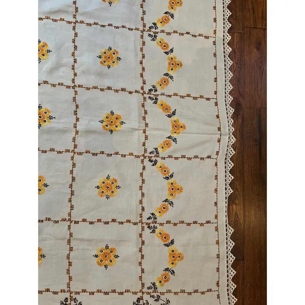 Vintage Embroidered Tablecloth Autumnal Orange Yellow Floral Crochet Lace Border